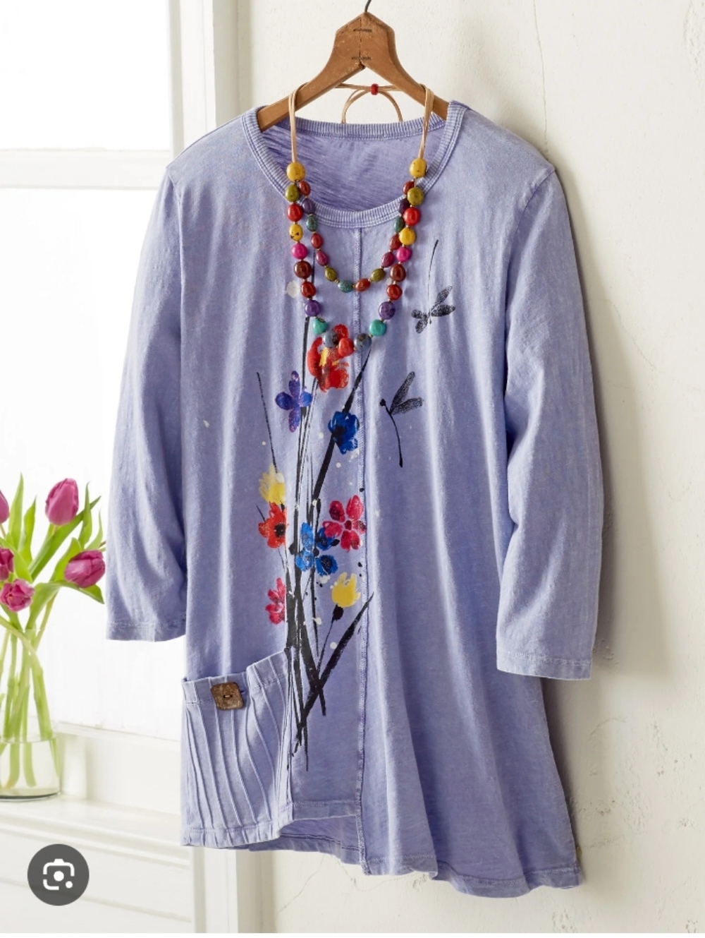 Jess & Jane Sz Med Oversized Dragonfly Bouquet Asymmetrical Tunic - Lavender